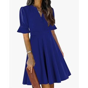 NEW Blue V Neck Ruffle Fit & Flare Dress Pockets XL